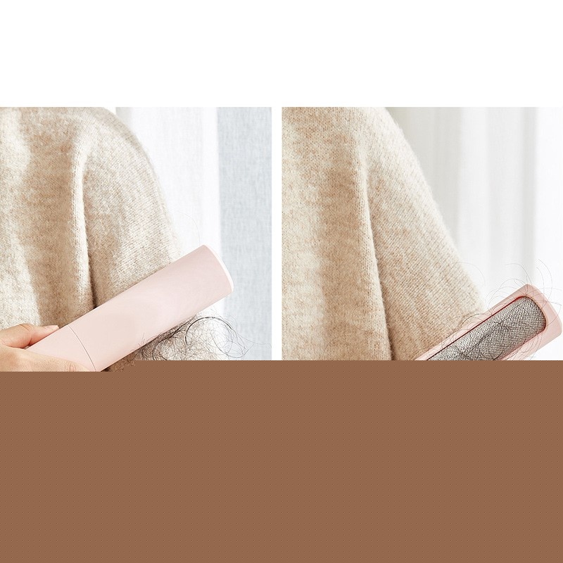 Supplier demonstration: loose hair on beige fabric on the left, collected on the pink brush on the right